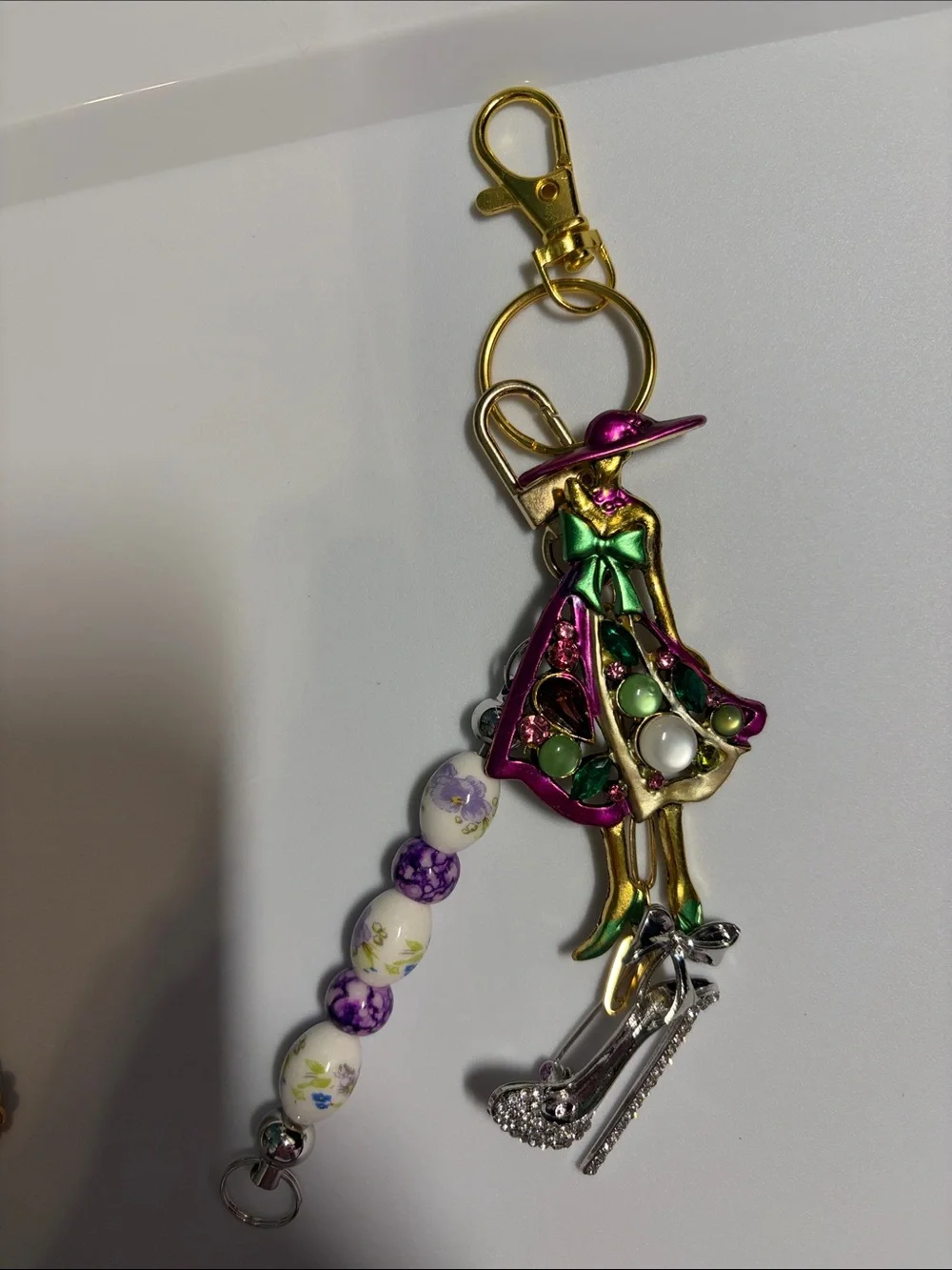 Gold-tone Pink & Green Dress Silhouette Keychain or Purse Charm